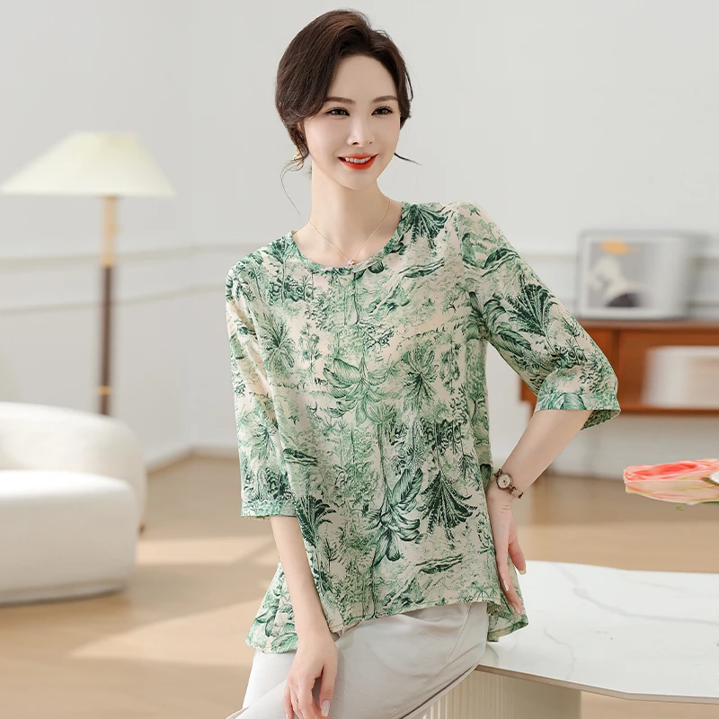 Fashion Vintage Printing Chiffon Shirt Summer Casual O-Neck Short Sleeve Retro Loose Pullovers Blouse Women's Clothing