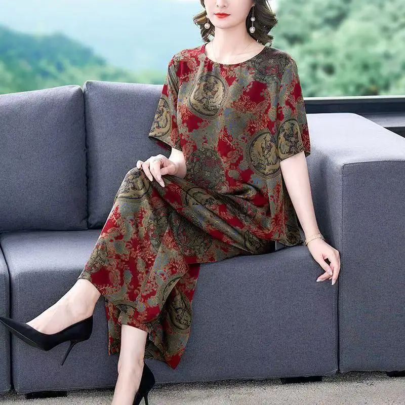Women's Clothing Middle-aged and Elderly Summer Thin Retro Suit Loose New Elastic Home Wear Outdoor Wear