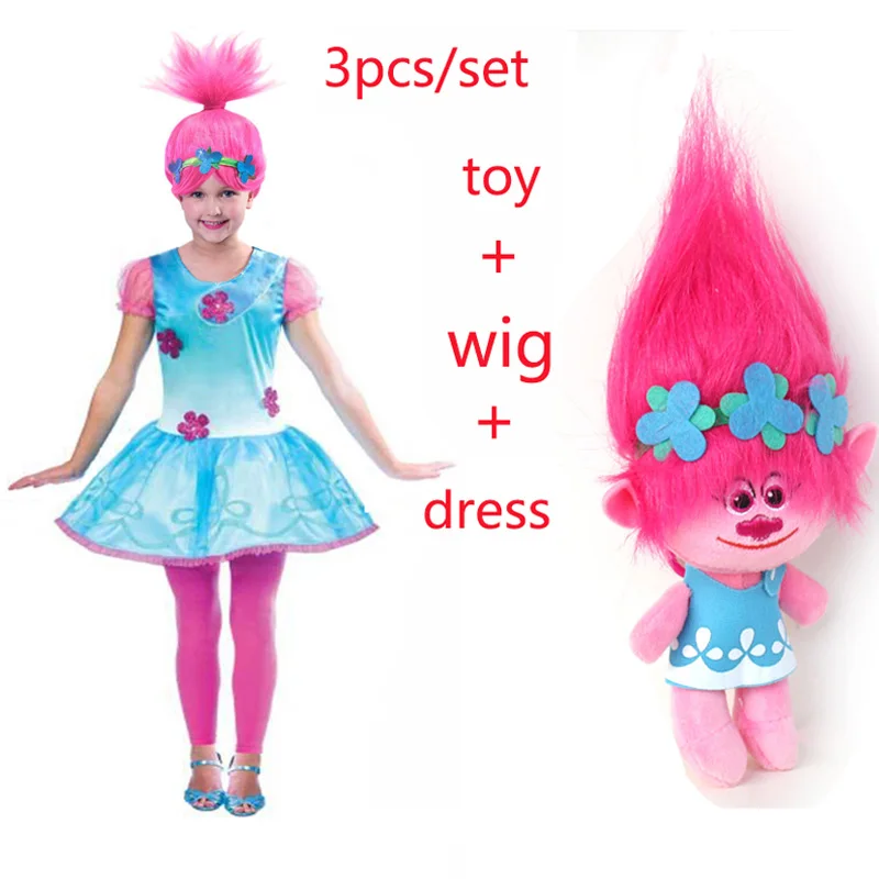 New Carnival Costume Trolls 2 Cosplay Wig toy For Kids Poppy Lace Princess Dress Baby Girls clothes Children Party Vestido