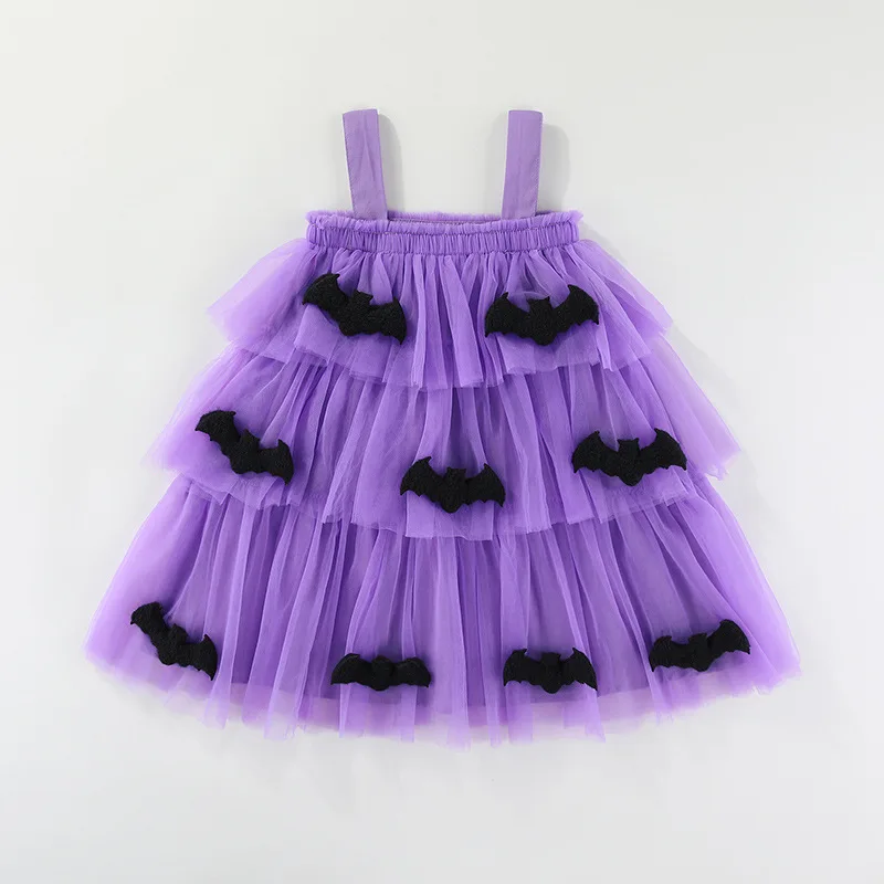 

2025 New Kids Girls Halloween Tulle Dress Pumpkin Bat Print Strap Cosplay Party Dress Ball Gown Dress Girls Clothing ​