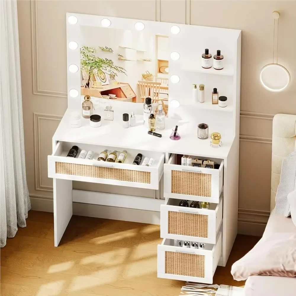 Dresser with illuminated mirror, dressing table table with storage shelves and 4 drawers bedroom dresser, 10 LED lights Dressers