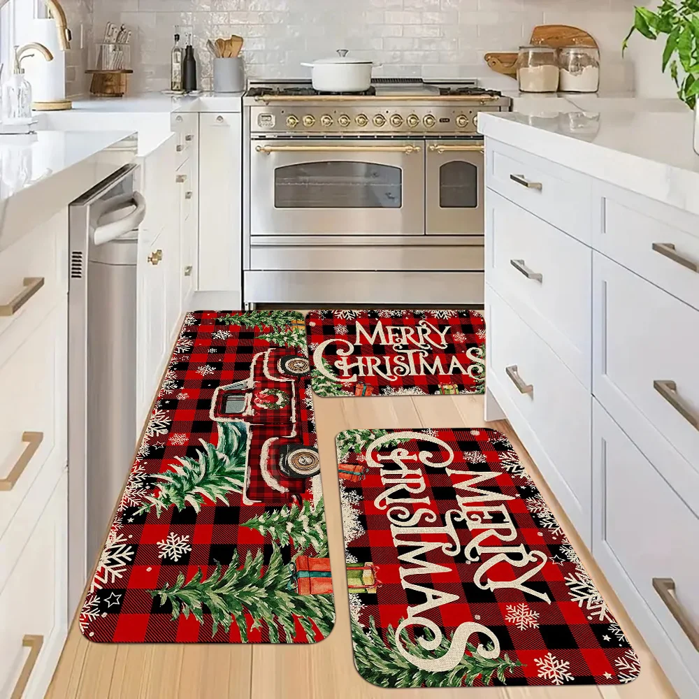 VIKAMA Christmas Kitchen Rugs Set Non Slip Washable Floor Mats Red Black Plaid Xmas Truck Letter Snowflake Kitchen Runner Decor