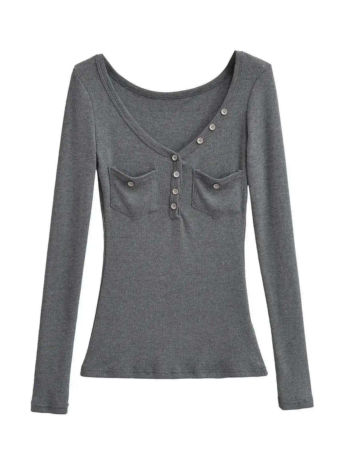 Autunno piccante ragazza sexy scollo a V doppia tasca monopetto manica lunga pullover donna vita stretta solido top sottile CUOC