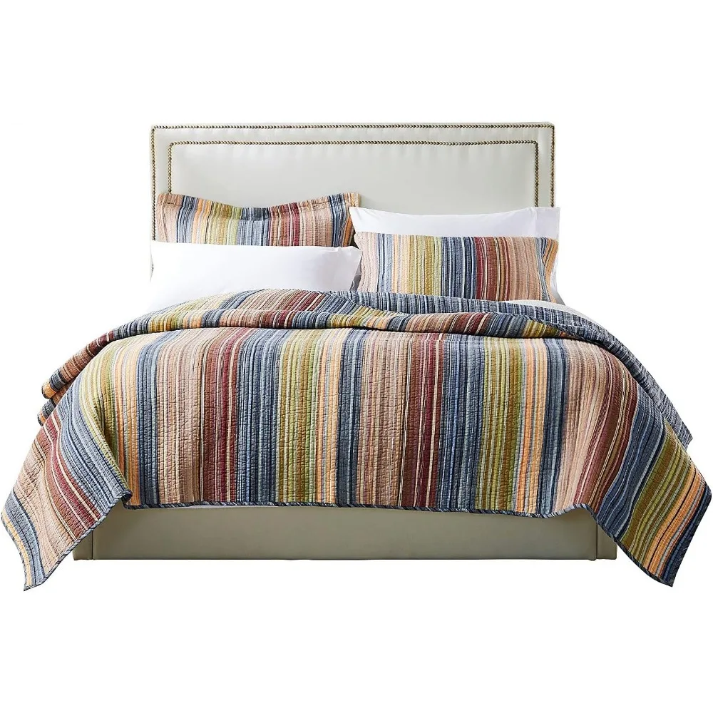 Greenland Home Katy-Ensemble de couette à rayures réversibles, multicolore, 100% coton, 3 pièces, complet, reine