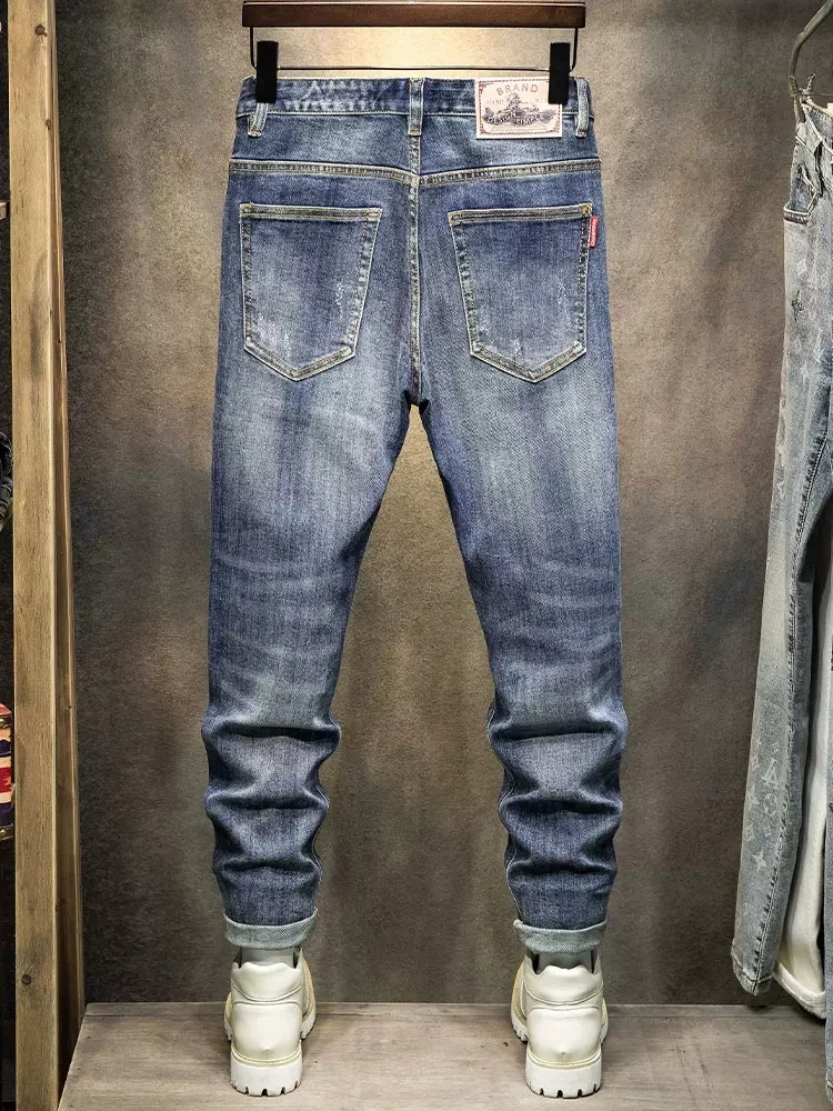 Fashion Designer Men Jeans High Quality Retro Blue Elastic Slim Fit Ripped Jeans Men Patched Vintage Casual Denim Pants Hombre
