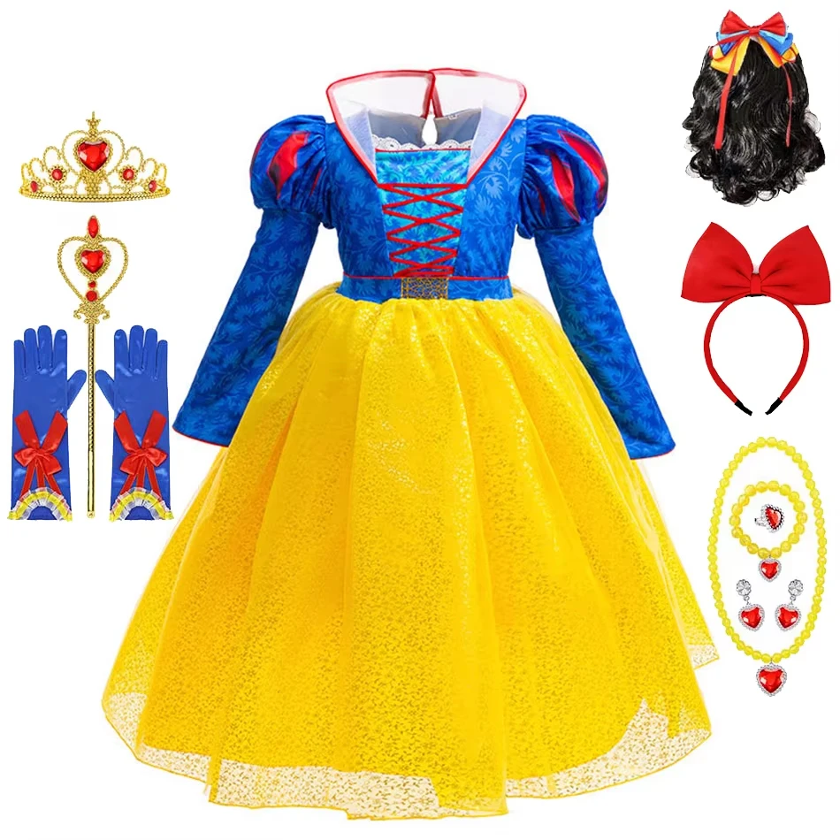 Snow White Cosplay Dress For Girls New Live Action Movie Role Playing Costume Kids Long Sleeves Print Halloween Princess Outfits