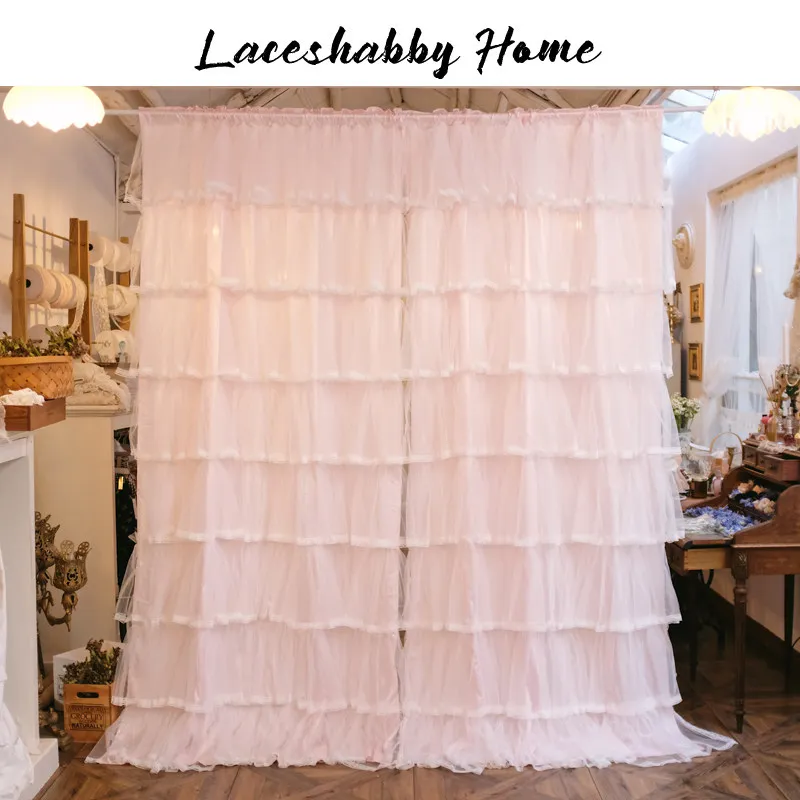 Princess Style Lotus Leaf Edge Cake Layered Curtain Solid Color Decoration Sunscreen Gauze Curtain White Gauze Lace Pleated