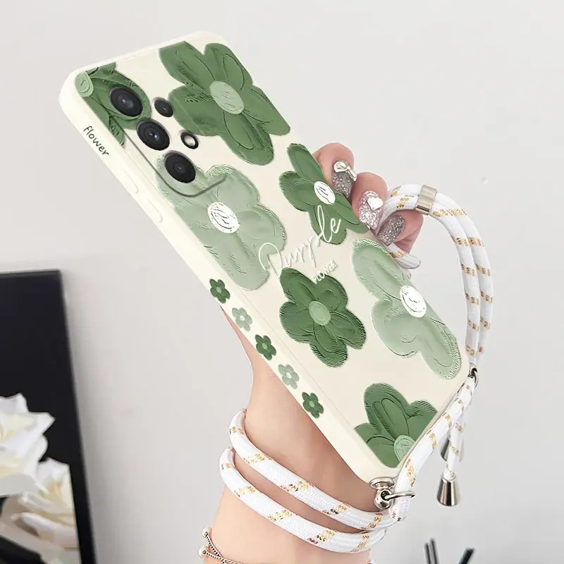 Green Paint Flowers Crossbody Lanyard Silicone Phone Case For Samsung Galaxy A54 A33 A21 A24 A52S A34 A53 A32 A73 A52 A04S Cover