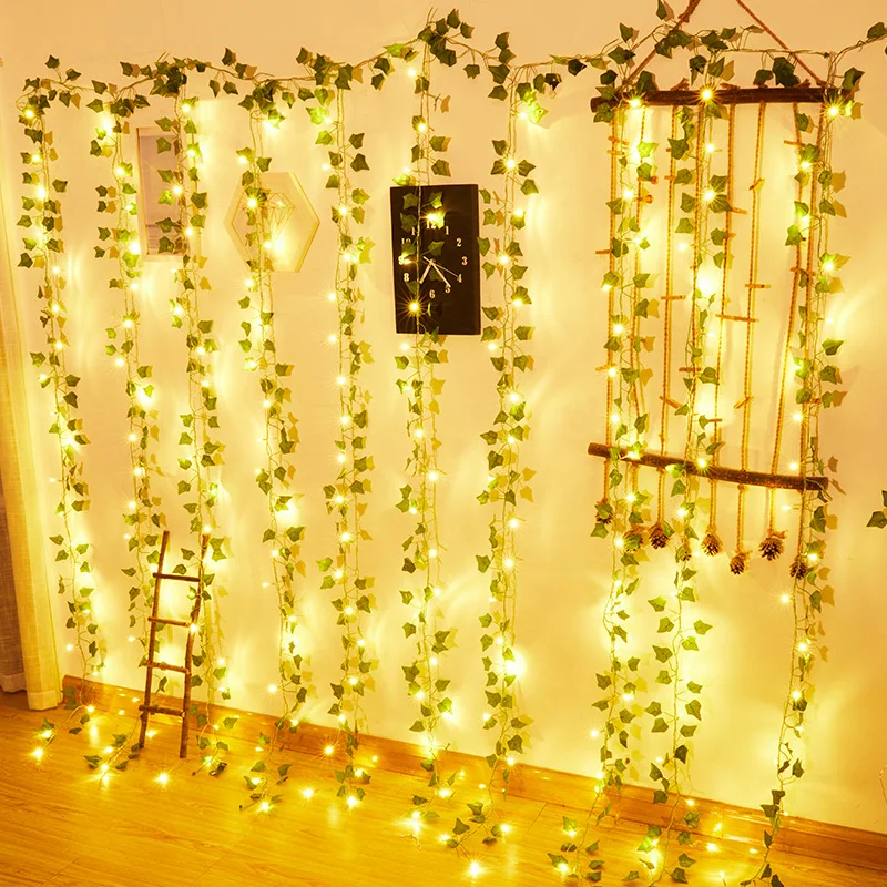 Luzes LED String para decoração de casa, folhas de seda, falso Creeper, videira Ivy Verde, guirlanda, flor artificial, festa de casamento, 2m, 2,3 m