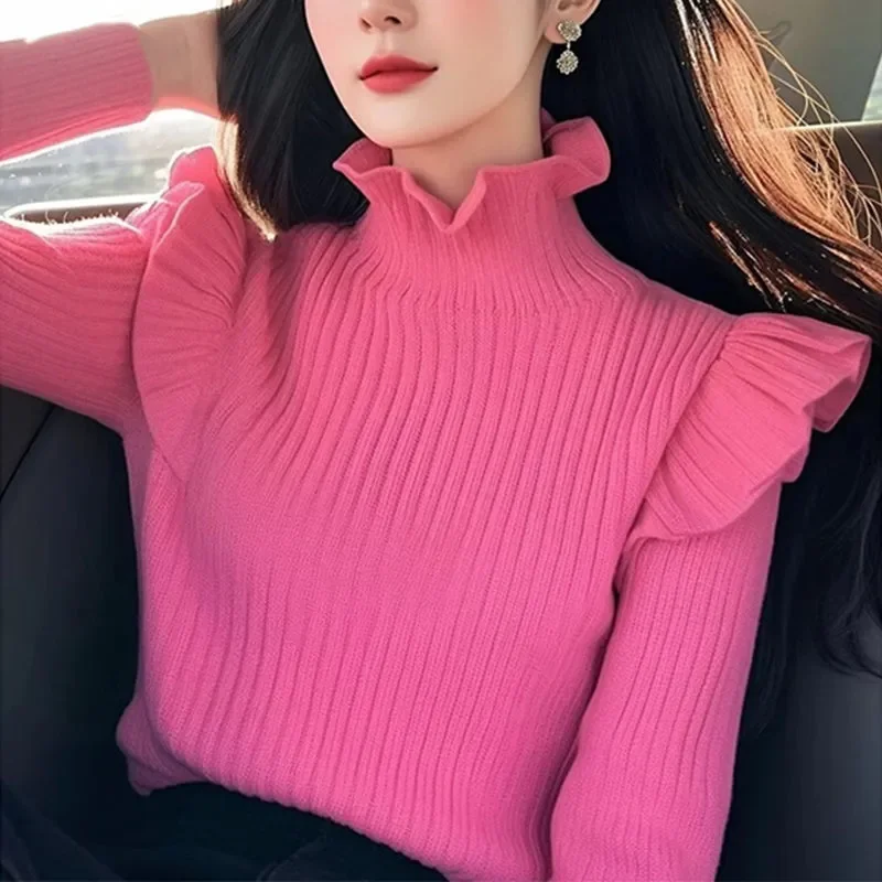 

Elegant Women's Ruffled Collar Sweater With Butterfly Sleeves Slim Fit Pullover For Office And Daily Wear Sweet Style Autumn Win