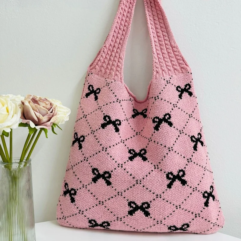 Knitted Bowknot Tote Bag for Women, Large Capacity, Female Casual Woven Shopping Bag, 1Pc