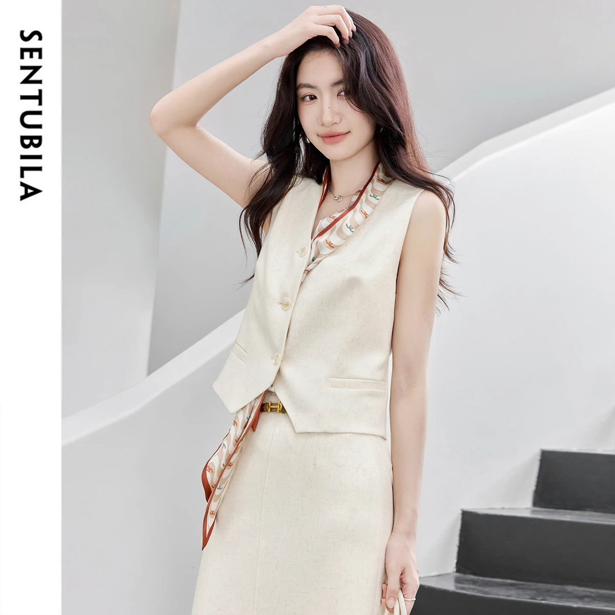 Sentubila mistura de linho feminino colete escritório senhoras elegante decote em v único breasted sem mangas colete 2025 roupas femininas 152ja1922