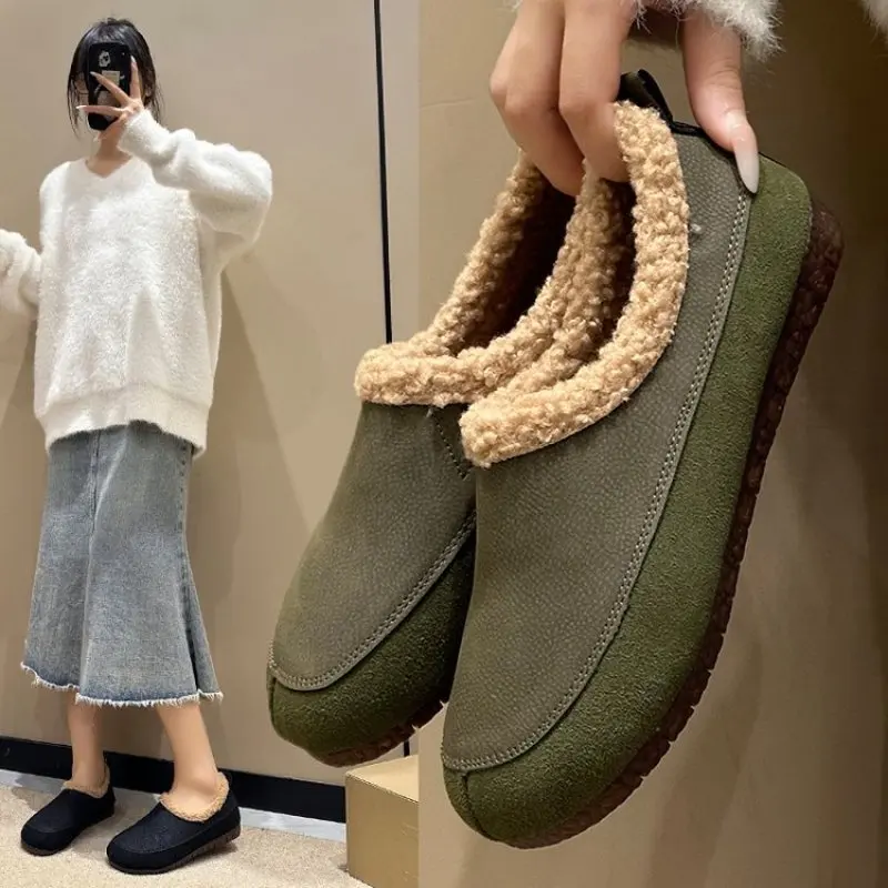 New Woman Slippers Home Winter Indoor Plush Warm Shoes Thick Bottom Plush Waterproof Leather House Slippers Suede Cotton Shoes