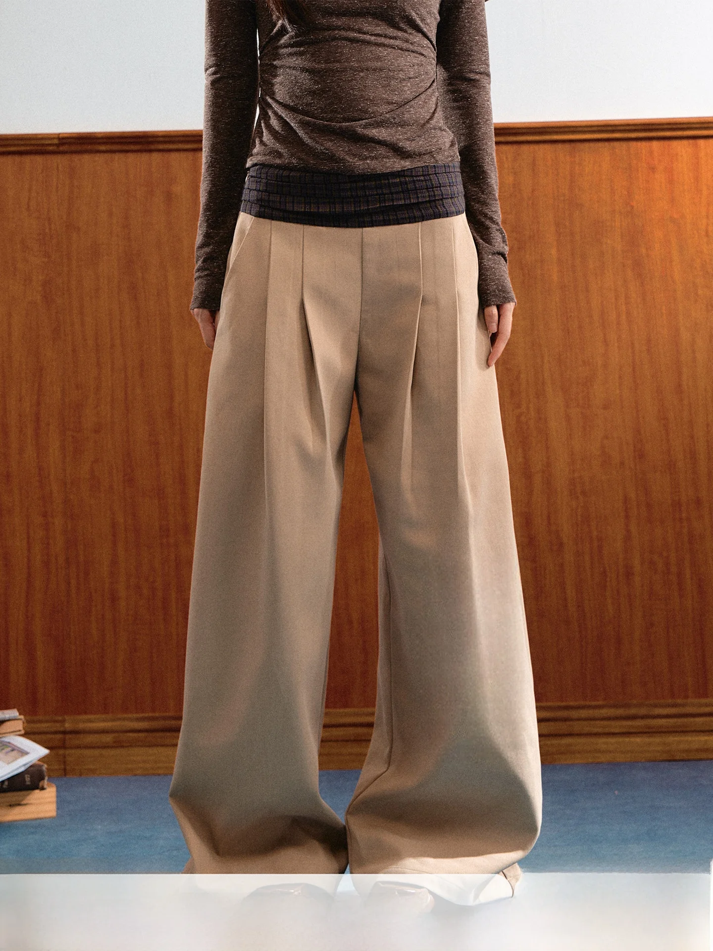 7Shiftin Original Design Wide Leg Plaid Patchwork Waist Casual Pants Drapey Color Block Loose Versatile Ladies Trousers