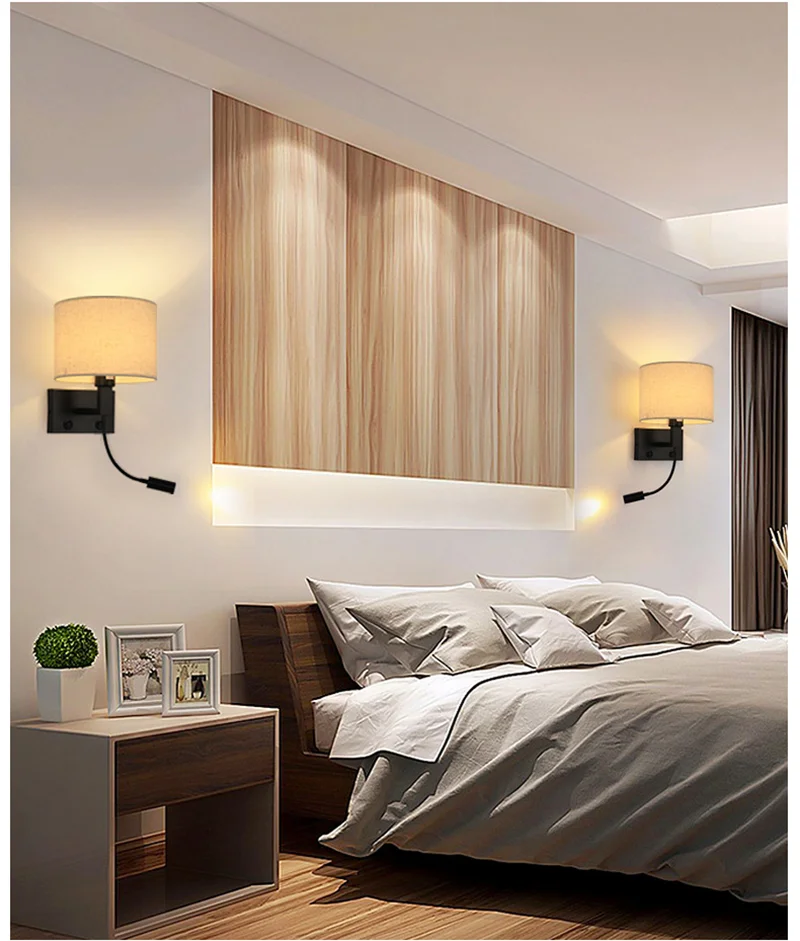 12W LED Wall Light  Modern Simple Round Fabric Shade Wall Mounted Lamp Hotel Home Bedside Wall Sconce With Switch Led Spotlight