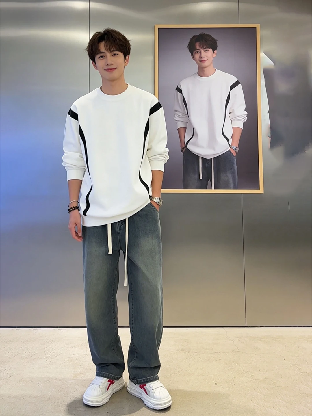 

Deep Blue Men's Straight Leg Fce Lined Jeans mid Waist Retro American Sle Casual Knife Pants Autumn Winter