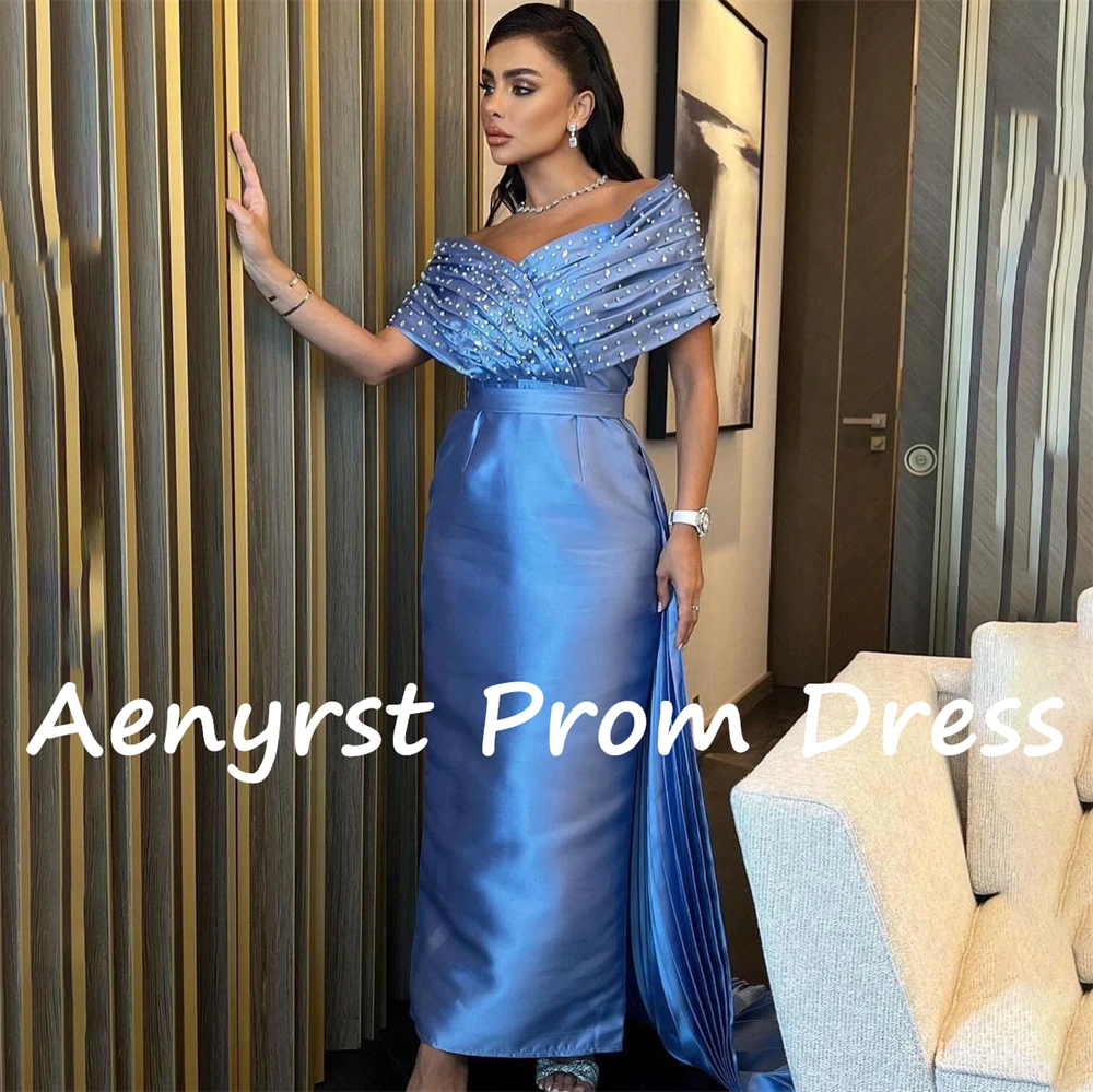 Aenyrst Off The Shoulder V Neck Saudi Arabia Prom Dresses Mermaid Satin Crystal Pleated Cocktail Gowns Ankle Length Party Dress