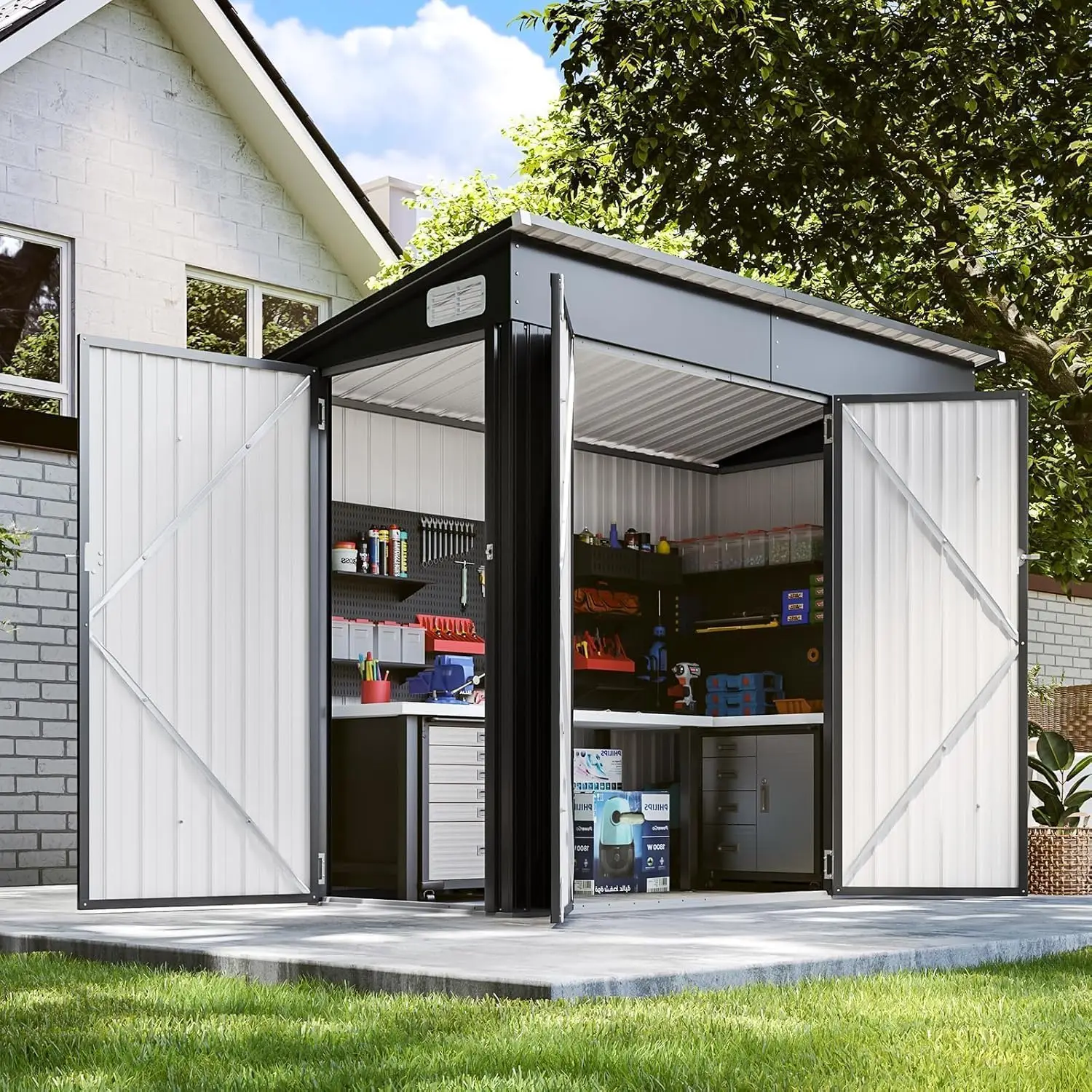 

8'x4' Shed Galvanized Steel Storage Sheds with Triple Doors Weatherproof Outdoor Utility Sheds, Dual Lock Lean to Shed with