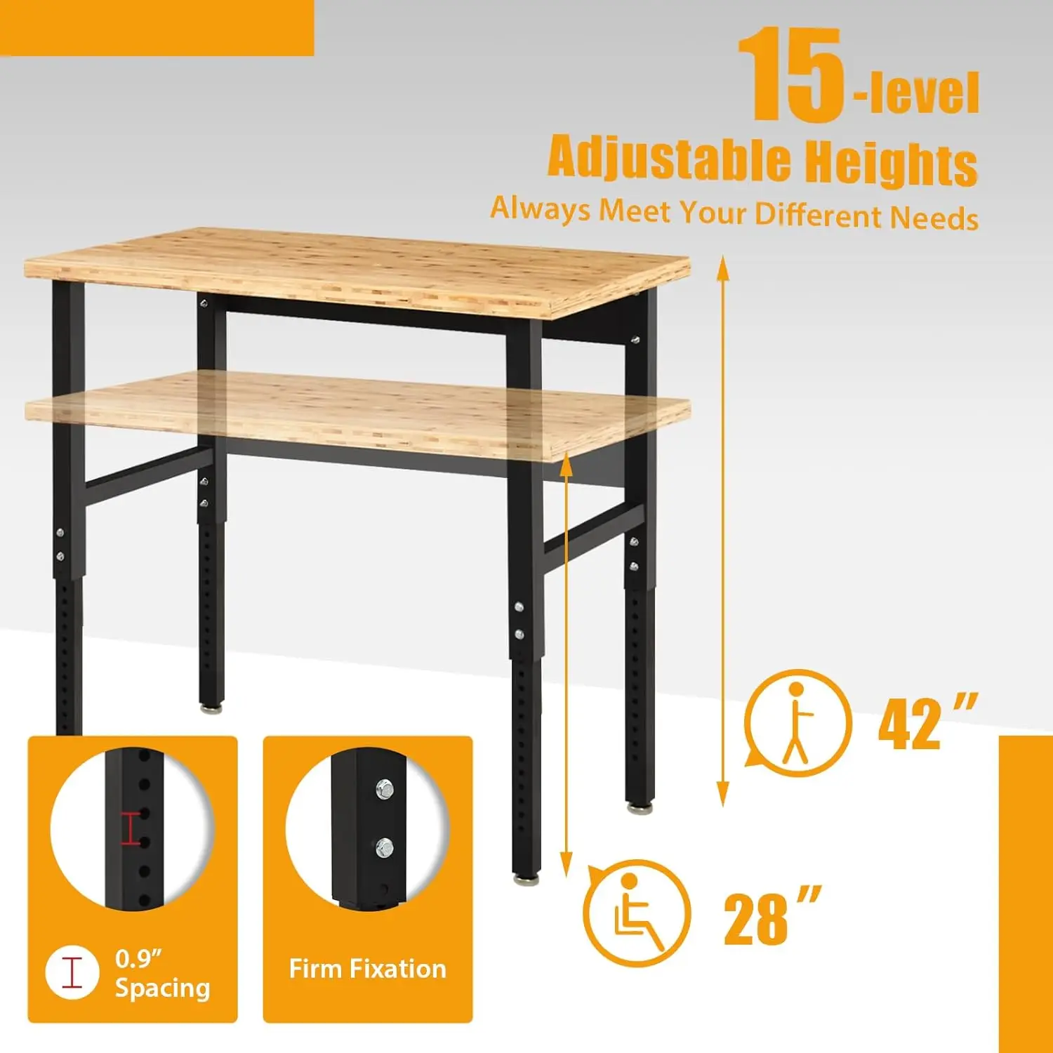 48” Adjustable Work Bench, Heavy Duty Workbench for Garage, Bamboo Top Work Table, 1500 LBS Load Capacity & 15 Height Settings