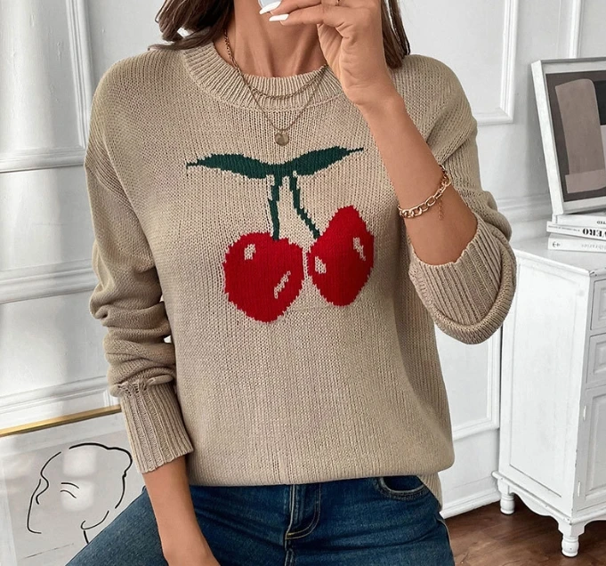 Women's Sweater 2024 Autumn Fashion New Style Round Neck Cherry Pullover Sweater Simple Personalized Retro and Elegant Sweater