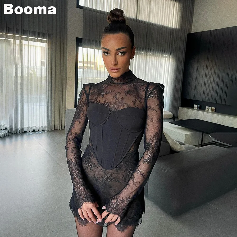 Booma Black Sexy Lace Mini Prom Dresses High Long sleeves Boning Cocktail Dress See-Through Party Gowns Night Clubing for Women