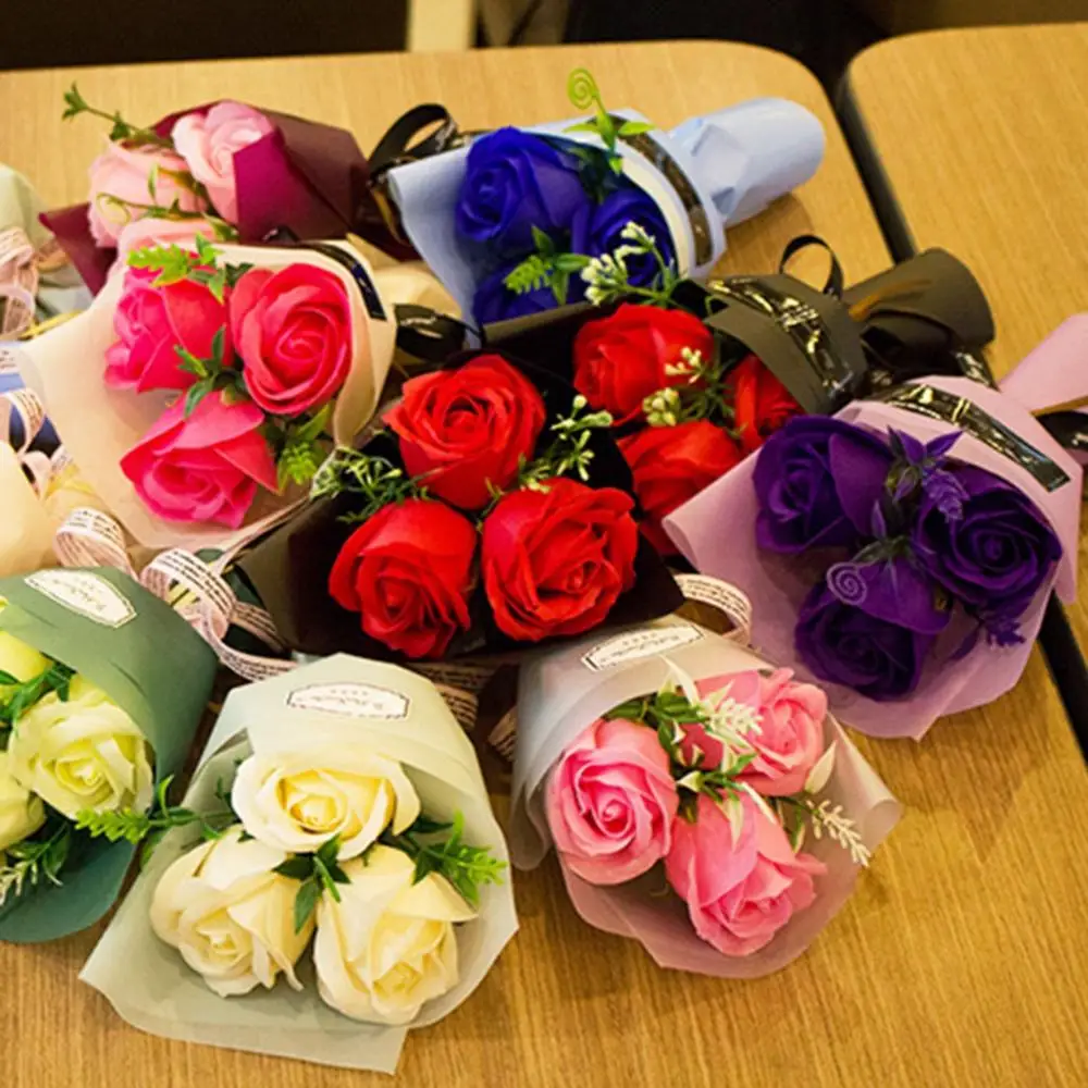 3 Heads Mini Fake Flower Artificial Rose Bouquet Hand Holding Soap Flower Mother's Day Teacher's Day Flower Valentine Day 95%