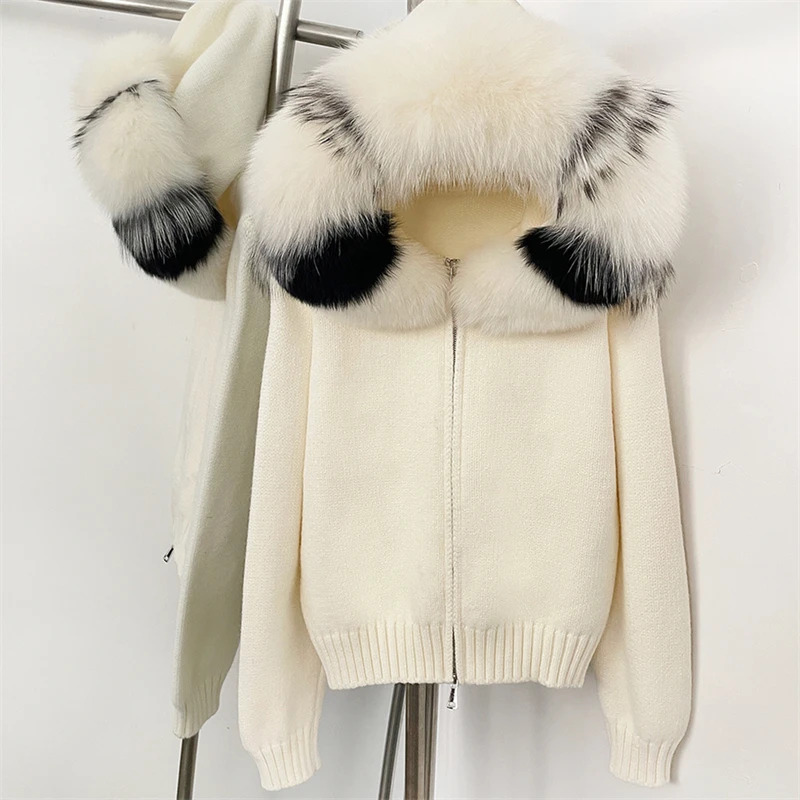 

2025 Winter New Women's Detachable Oversized Real Fox Fur Collar Hooded Knit Cardigan Y2K Fashion Stretch Slim Fit Knit Sweater