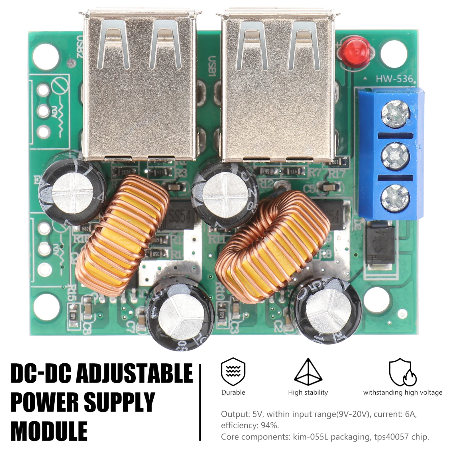 

5V 6A Dc-Dc Buck Converter Module 9V-20V To 5V With 4 Usb Ports High Efficiency Adjustable Power Supply Module