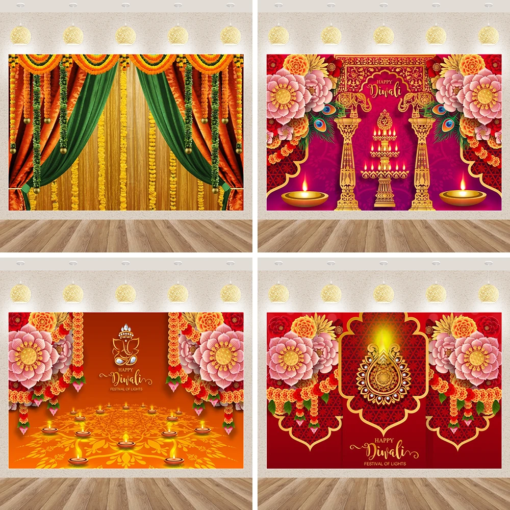 

Diwali Photography Background Lighted Oil Lamp Candles Colored Lights Indian Traditional Deepavali Festival Backdrop Photo Booth