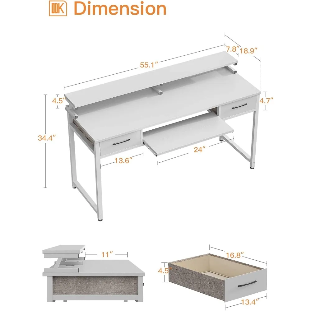 Tabela de estudo com gavetas e bandeja do teclado, mesa do computador, prateleira do monitor, mesa de escritório, 55 ", este produto