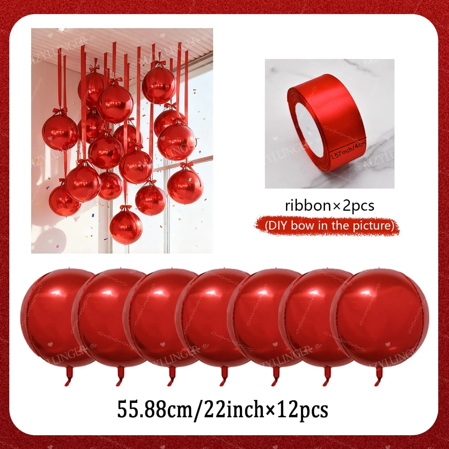 12 Stück rote 4D-Ballons, 22 Zoll, zum Aufhängen, runde 4D-Folienballons in Rot, passend zu roten Bändern, für Weihnachts-, Geburtstags- und Hochzeitsdekoration, Globo. – Detail 8