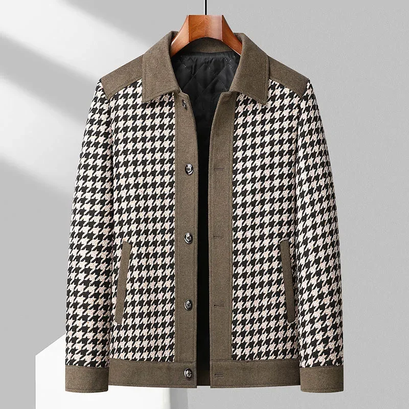 Autumn Winter Men Houndstooth Cashmere Jacket Black Gray Classical Thicken Quilted Woolen Blend Coat Male Outfits Timeless Style