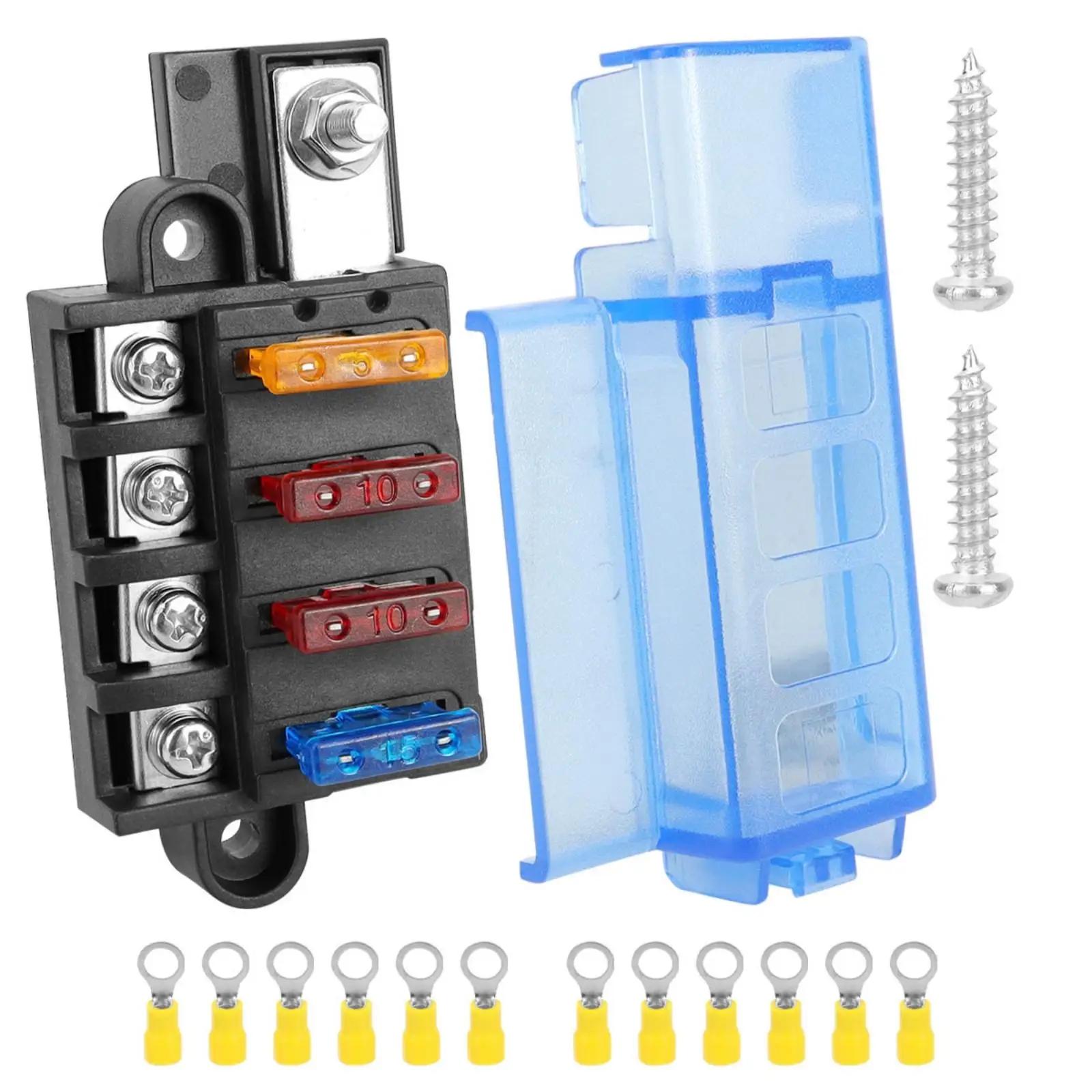 Heavy Duty Car Fuse Box Holder 4 Way for RV Motorcycle ATV with Translucent Cover and Mounting Screws