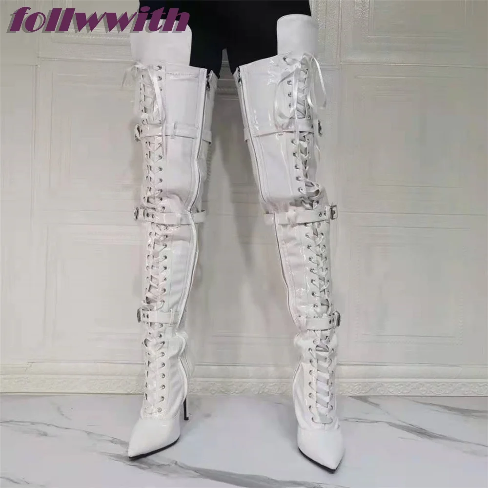 

Patent Leather Metal Lace Up Buckle Decoration Zipper Boots Stiletto Heel Pointed Toe Over The Knee 2024 Hot Sale Winter Shoes