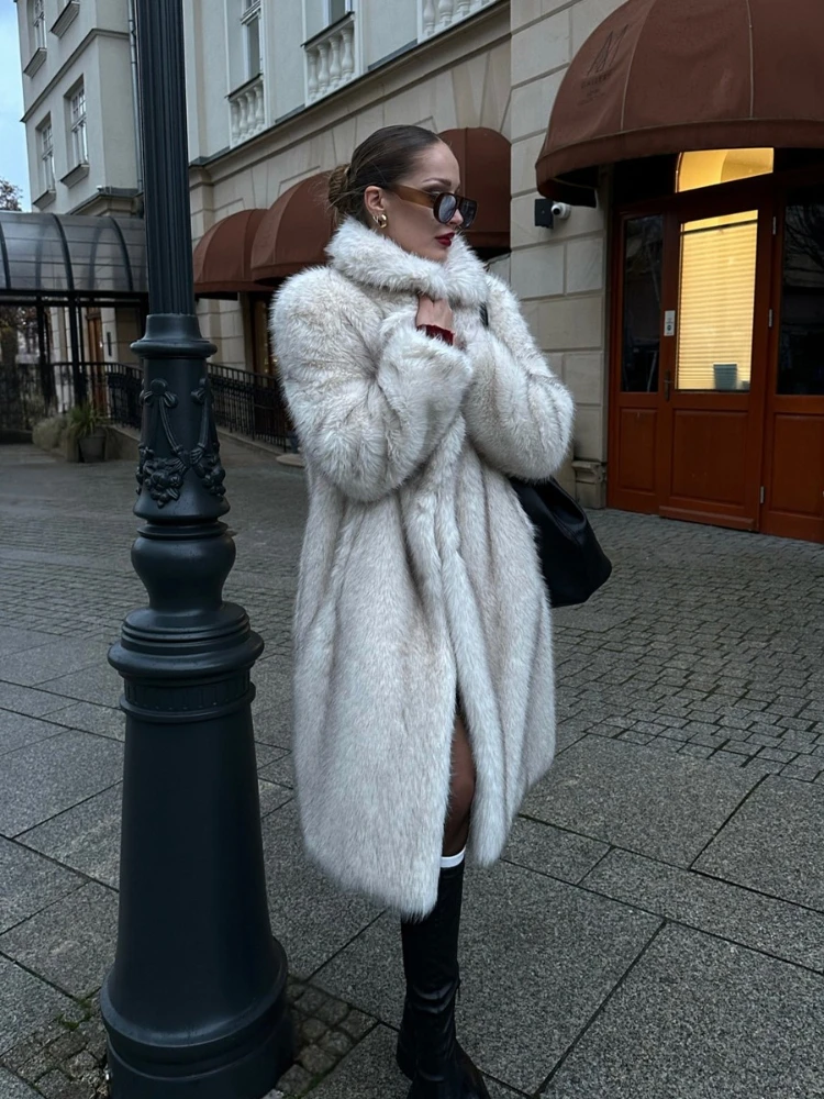 Abrigo largo blanco de piel sintética para mujer, chaqueta grande de otoño e invierno, abrigo con bolsillos y cuello vuelto, Parkas gruesas, chaquetas cálidas, abrigos Maxi