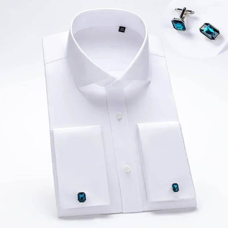 High Quality DP Iron Free France Shirts 2025 Men\'s Slim Fit Windsor Neck Long Sleeved Cotton Anti Wrinkle Cufflinks White Shirt