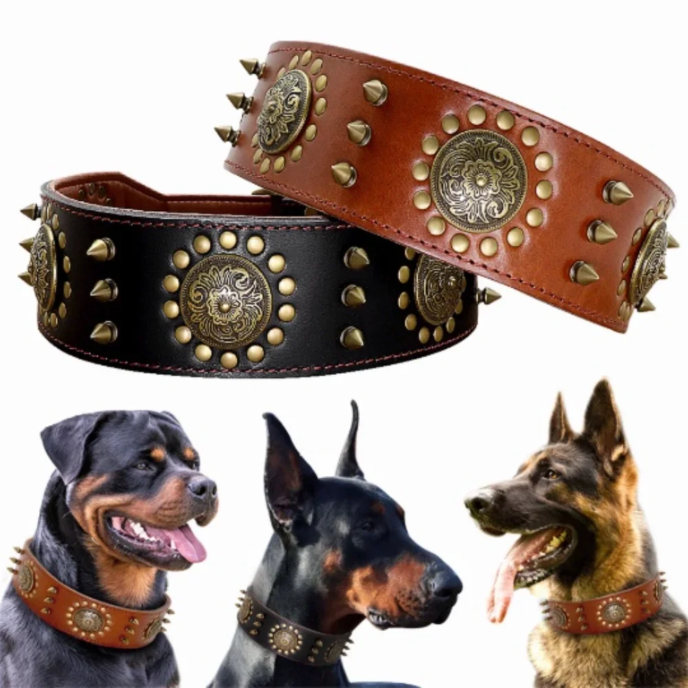 

Leather Large Dog Collar Spiked Studded Collars for Medium Large Big Dogs Genuine Leather Durable Pet Collar Brown