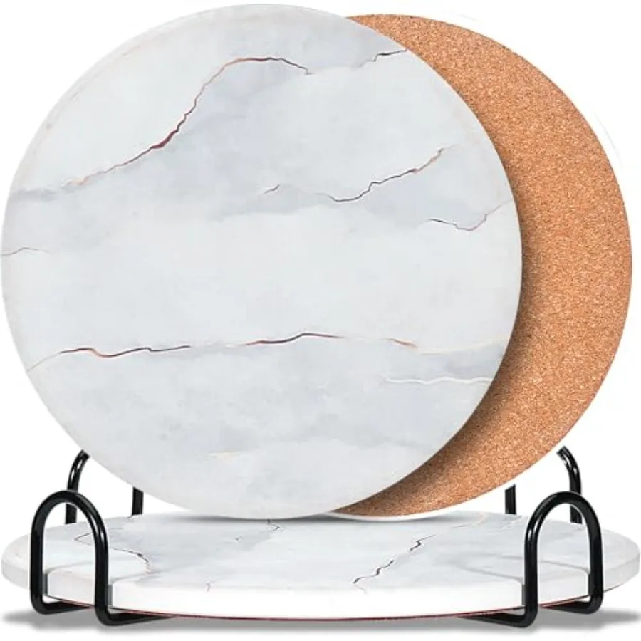 

3 шт. 7-дюймовая керамическая подставка в мраморном стиле с держателем, впитывающие подставки для горячей посуды, противоскользящие коврики с пробковым дном для горячих кастрюль