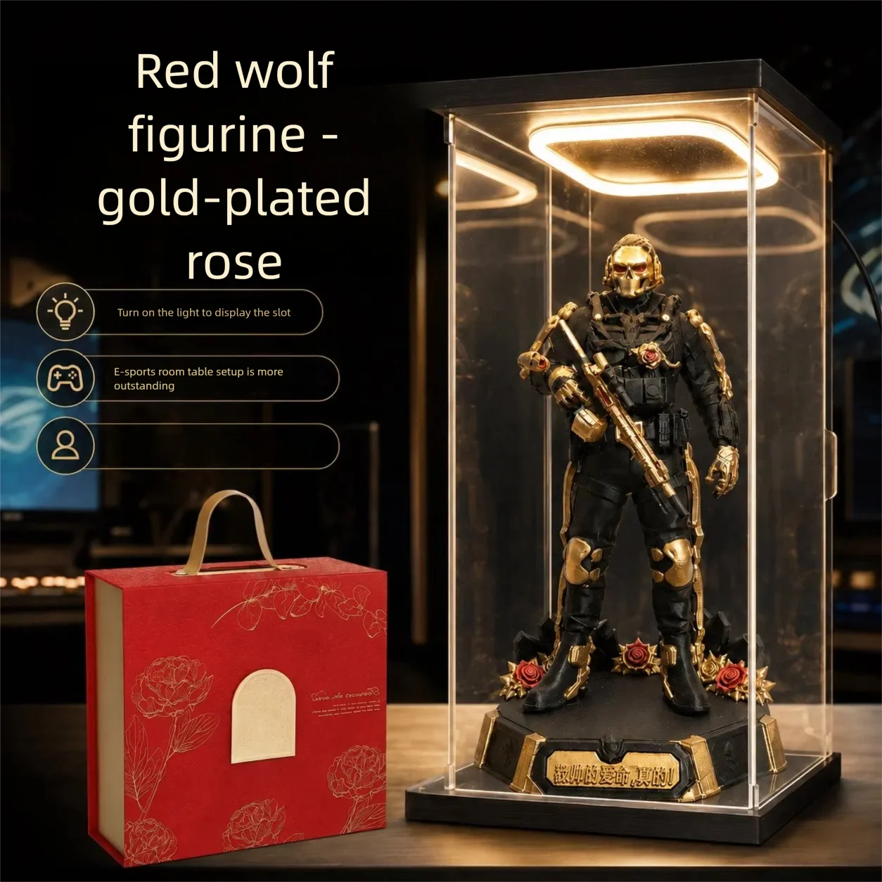 Delta Operation Red Wolf Figurine with Gold-Etched Rose LED Lights 3D-Printed for Gaming Desk Decor Birthday Gift