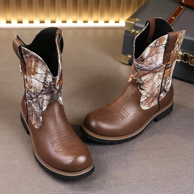 Men Cowboy Boots PU Splicing Low Heel Fashionable Hard-wearing Slip-on Men Boots Large Size 38-48