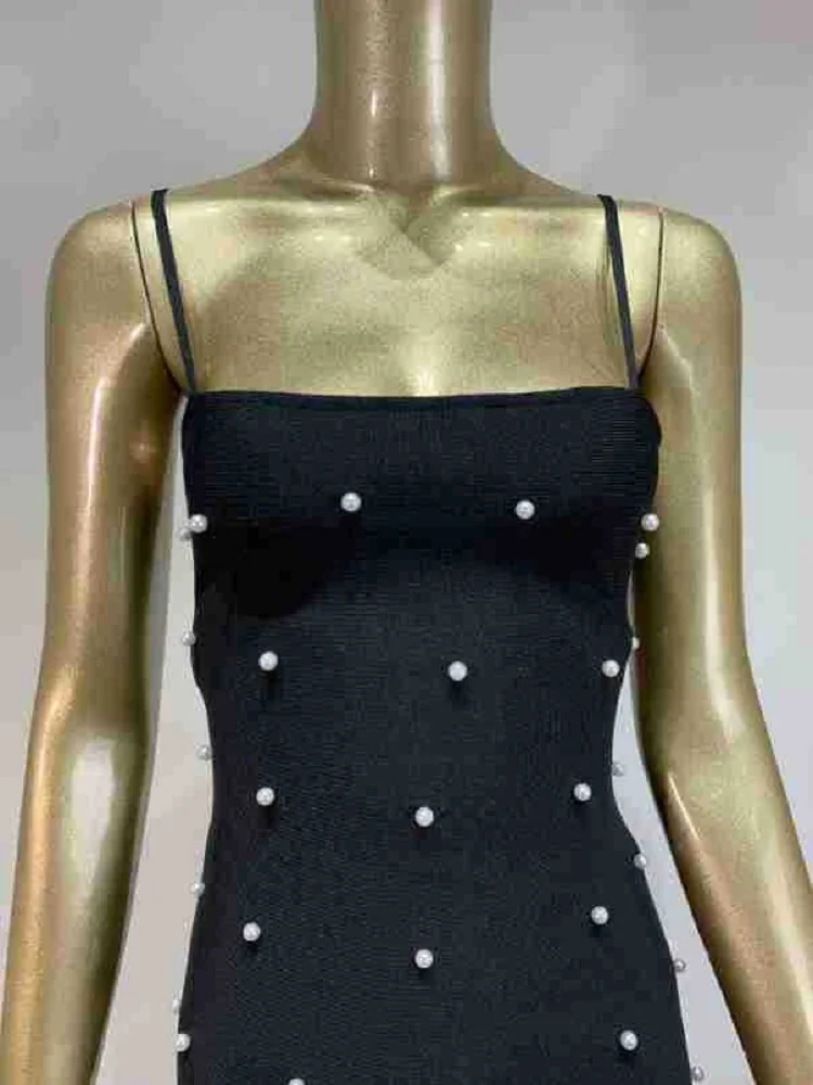 2025 Donne Celebrity Sexy Senza Maniche Perline Patchwork Arco Nero Aderente Bnadage Abito Elegante Sera Club Party Outfit
