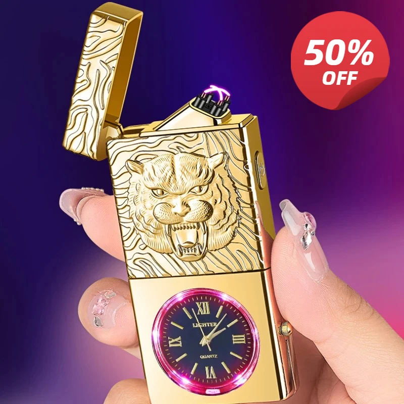 

Dual Arc Plasma USB Electric Lighter Rechargeable Windproof Lighter with Watch Unique Gift for Men and Women Smoking Accessorie