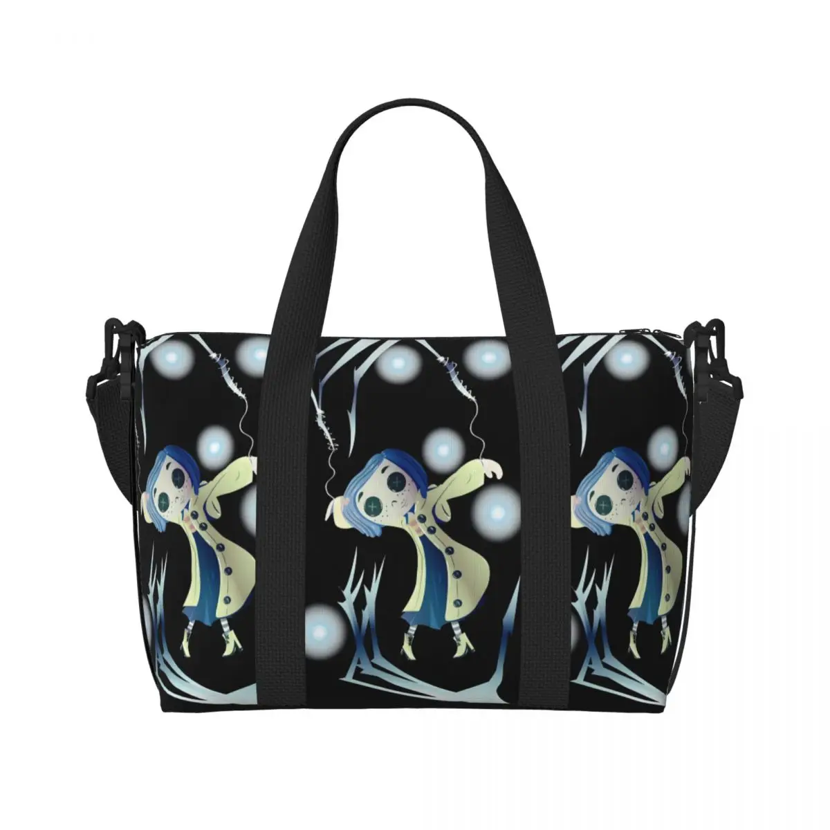 

Custom Large Coraline Tote Bag for Women Cartoon Shopping Shoulder Gym Beach Travel Bag