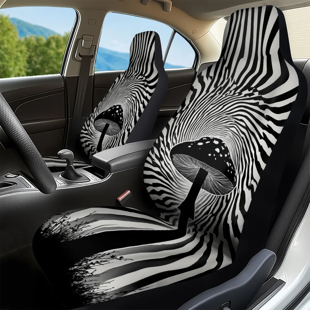 Set Of 2, Contemporary Mushroom Optical Illusion Black And White Seat Covers For Front Seats, Universally Compatible, Ensures Dr