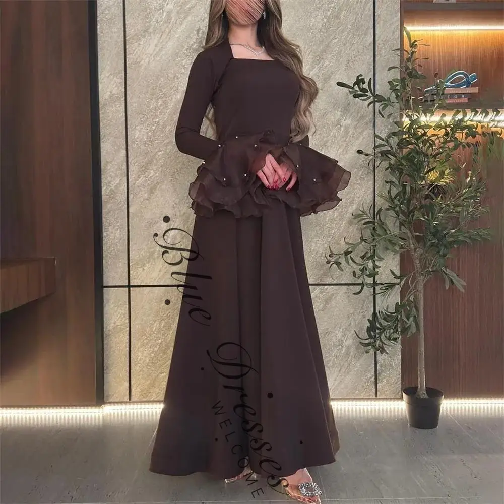 

customized Simple Classic Square Neck Long Sleeve Pleat Mermaid Evening Dress Ankle Length Elegant Formal Prom Gown