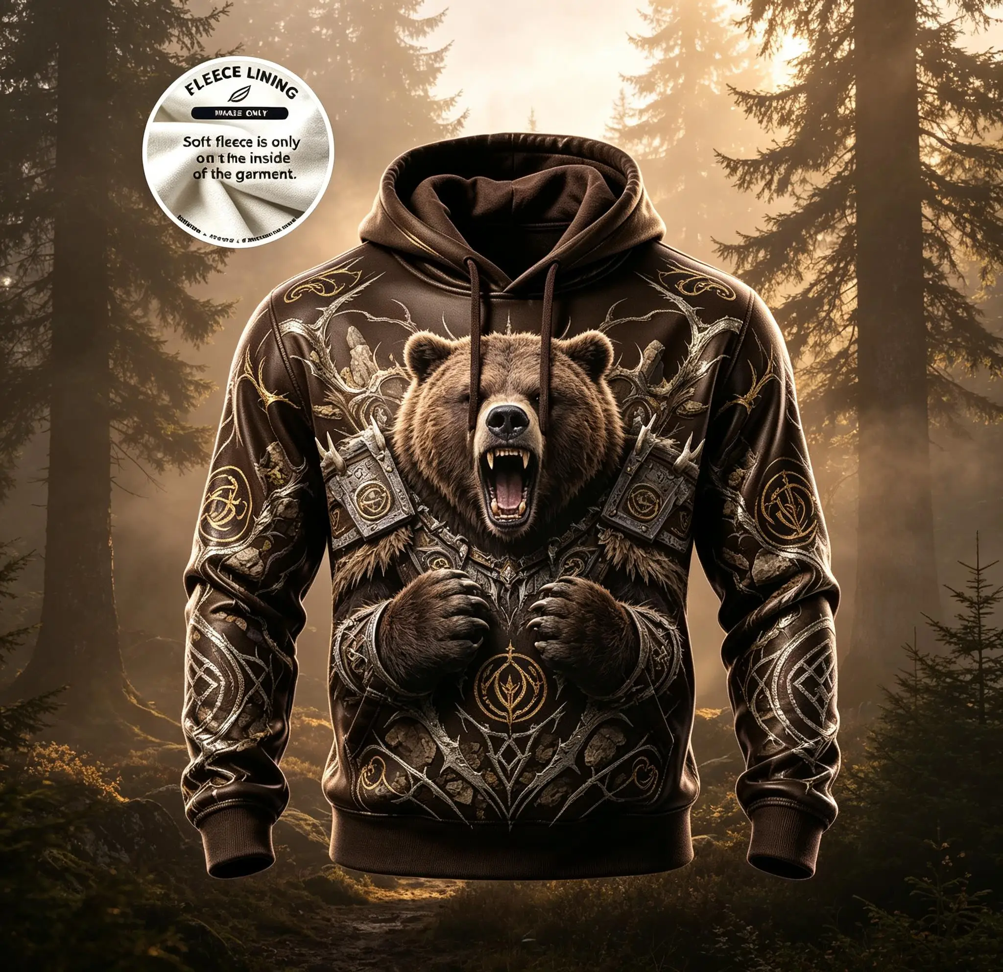 Mens Polyester Fleece Hooded Sweatshirt Angry Grizzly Bear Viking Armor Norse Rune Print Pullover Street Hoodie