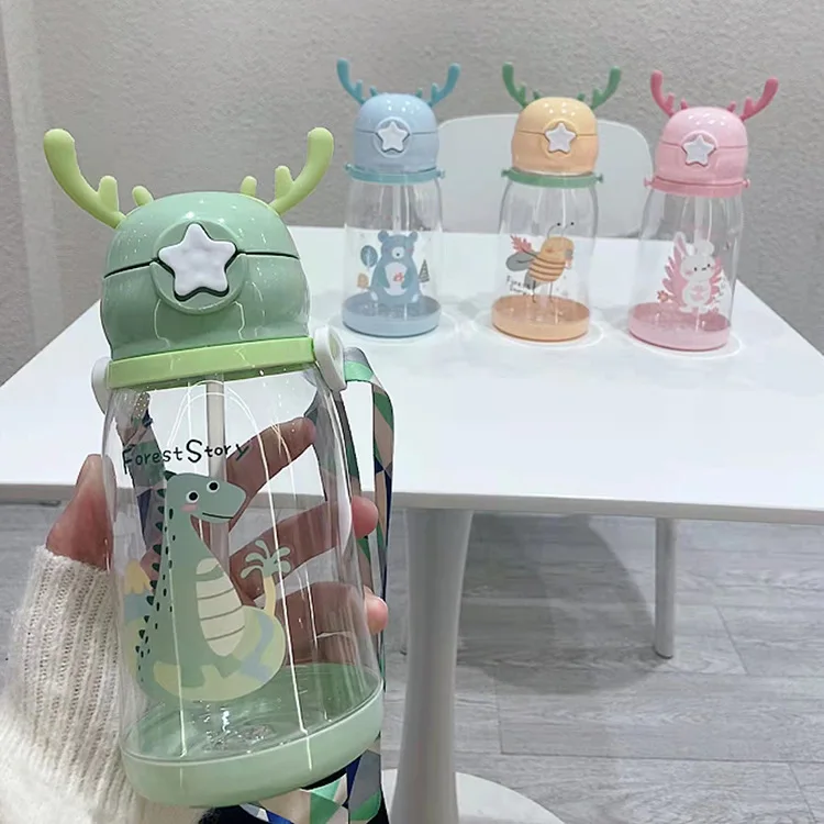 600ml garrafa de água das crianças para a escola portátil alunos do bebê anti gota copo bonito dos desenhos animados meninas garrafa de água com palha
