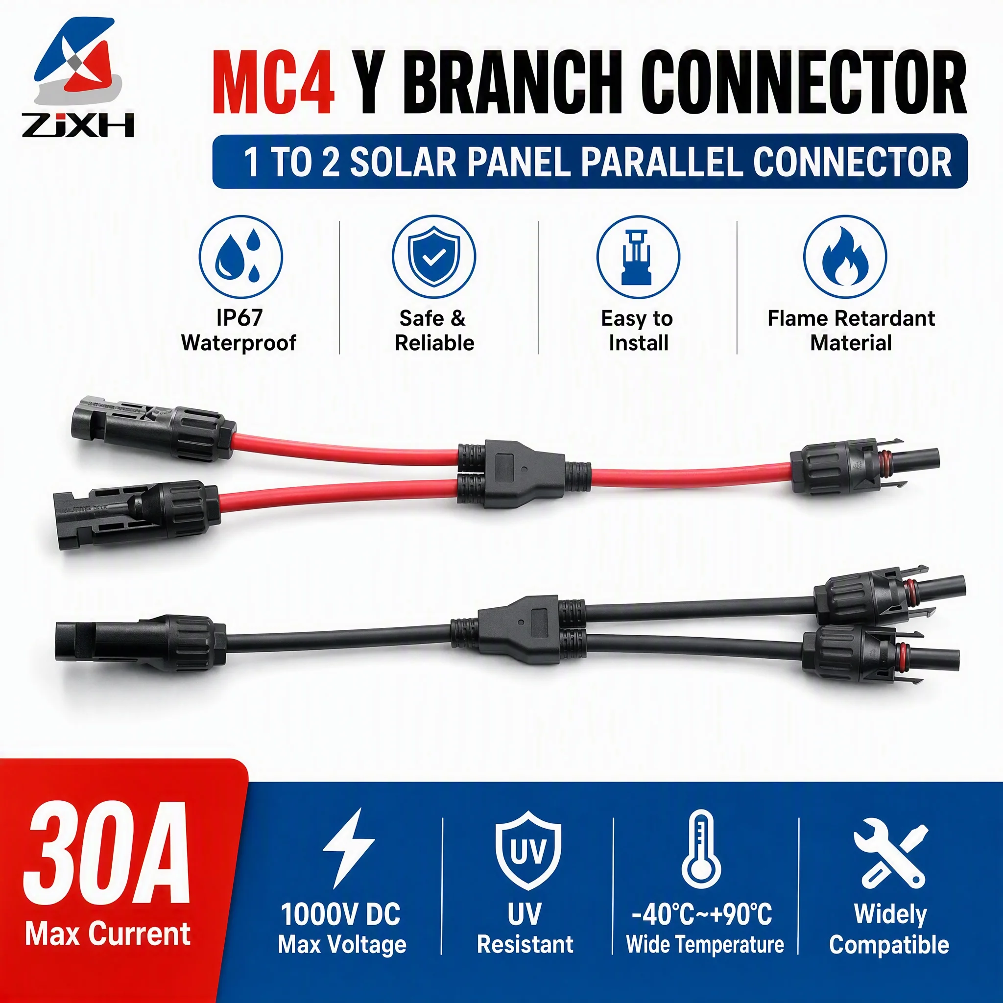 2Y Branch Parallel Connection 30A 1000V Electrical Solar Connector Photovoltaic 2pcs Solar Panel Cable Wire Connect