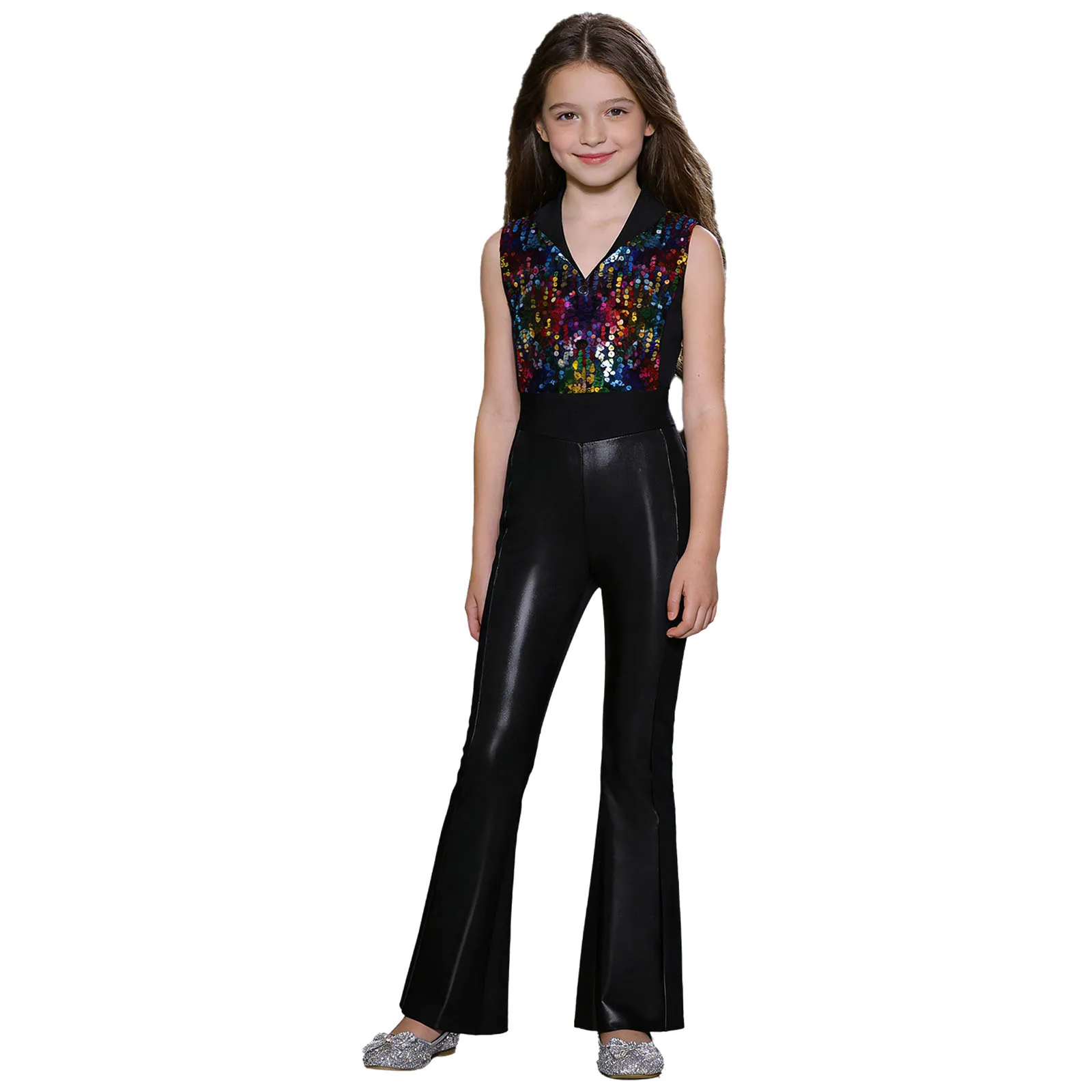 Kids Girls Lapel Sequined Bell Bottom Jazz Dance Party Costume 70s Disco Outfit Flared Jumpsuit Metallic Shiny Rompers Bodysuit view 4