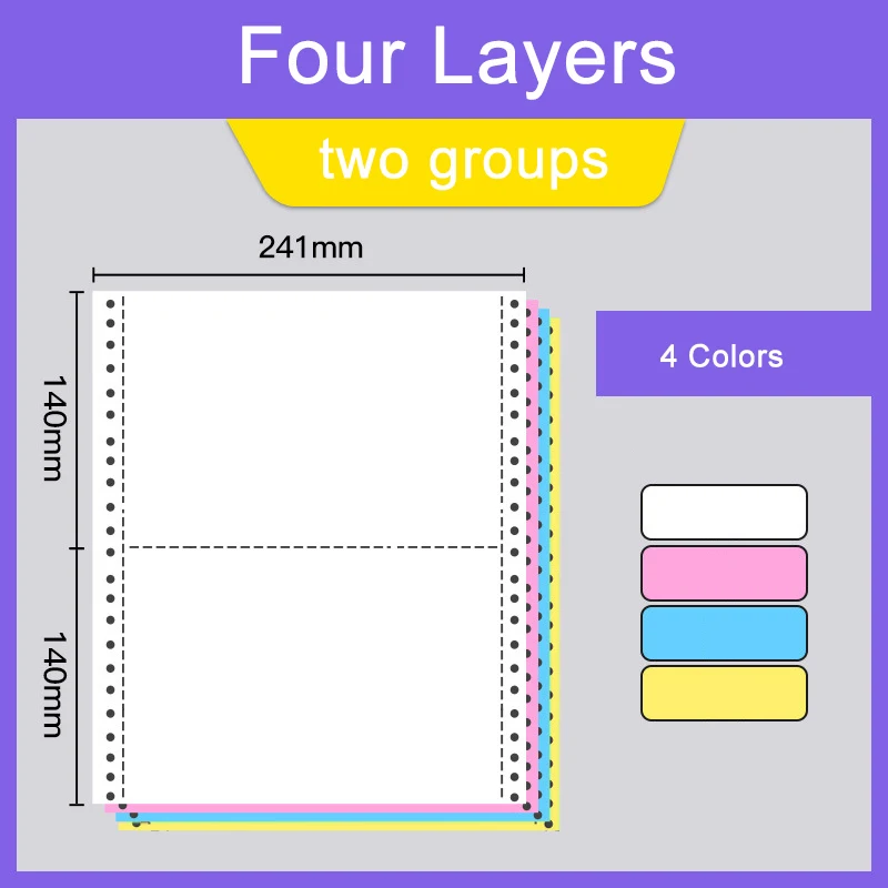 MQQ 4L/2G Computer Form Carbonless Printing Paper For Dot Matrix Printer 1000 Sheets 4 Layers Two Columns (Two Groups) Per Sheet